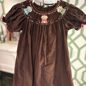 Kelly's Kids Brown Smocked Dress with Pink and Aqua Embroidery